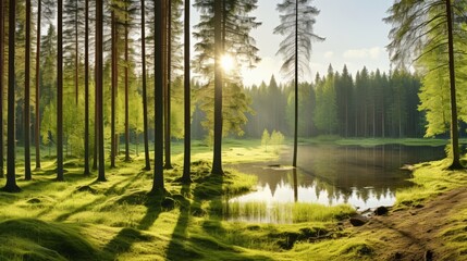 A serene lake nestled among trees with sunlight filtering through