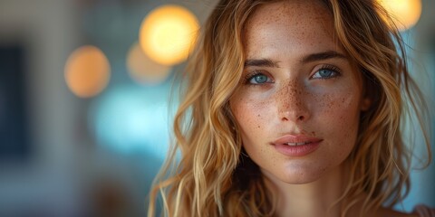 Fototapeta premium Captivating portrait of a young woman with freckles and golden hair, softly focused