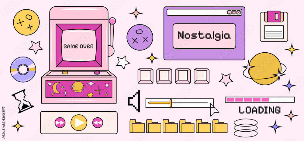 Poster groovy set in y2k style. retro collection of browser popup icons. vaporwave textbox. vector illustra