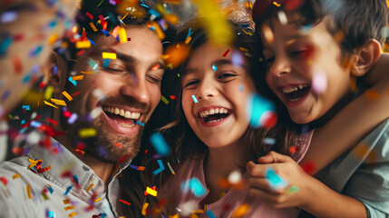 An ecstatic family with two children laughing amidst a shower of confetti, capturing a moment of joy and celebration