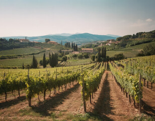 Fototapeta premium La vista panoramica abbraccia colline ondulate e vigneti ordinati, offrendo uno spettacolo di pura bellezza naturale. 