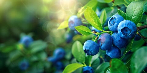 Close-up of ripe blueberries on a bush with a blurred green background