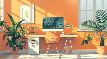 Bright and Airy Home Office with Modern Decor and Indoor Plants