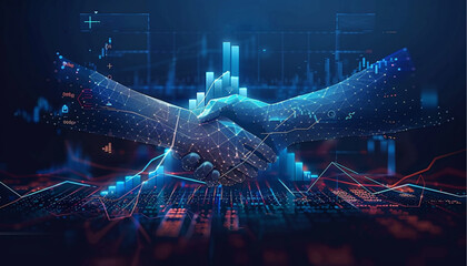 Digital handshake on blue technology background. Abstract two hands in lines, connected dots, and triangles. Polygonal grid 3D vector illustration. Business partnership concept. Low poly wireframe.