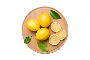 Top view with copy space for fresh and ripe lemons on cutting board. Healthy food background....