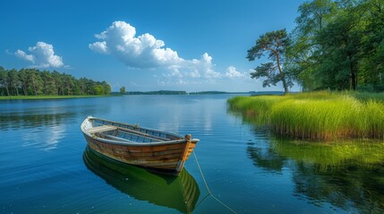 A small boat floats on the lake with trees in the background. A calm scene with water reflecting the sky and trees in the distance. A bright riverside scene with calm water. - Powered by Adobe