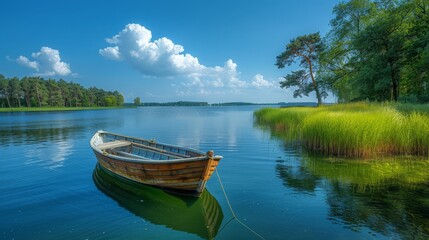 Obraz premium A small boat floats on the lake with trees in the background. A calm scene with water reflecting the sky and trees in the distance. A bright riverside scene with calm water.