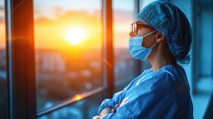 Health professional with a mask and surgical uniform after a day of intense work. Woman Doctor Contemplating the Sunset from the Hospital