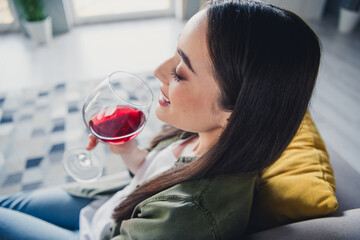 Portrait of nice young woman hold glass red wine wear green shirt weekend modern flat indoors