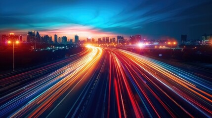 Urban traffic moves swiftly along a city highway during the evening rush hour, with car headlights and bustling night transport creating an abstract long exposure photograph with a motion blur 