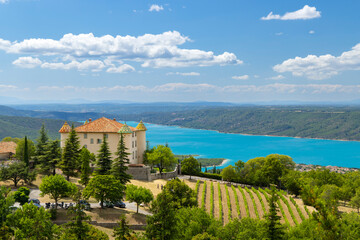 Typical Provencal town Aiguines with Lac de Sainte-Croix, Verdon Natural Park,...