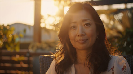 Obraz premium Contemplative woman basking in the warm glow of a sunset backdrop.