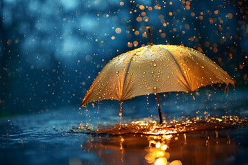 Golden Umbrella in the Rain with Bokeh Lights