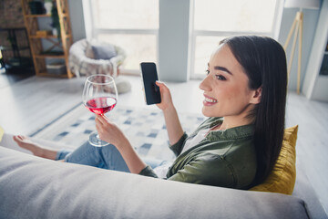 Portrait of nice young woman hold wine use smart phone wear green shirt weekend modern flat indoors