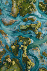 Fototapeta premium Aerial view of intricate water patterns and vegetation in wetlands, creating an abstract, minimalist composition. 