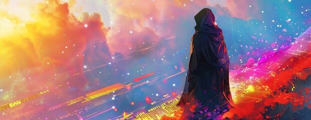 Illustration of a hooded figure overlooking a vibrant fantasy landscape mixed with glowing news ticker tape, watercolor art style, ethereal and immersive atmosphere, vibrant colors