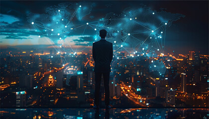 Fototapeta premium Rear view of a businessman looking at large network and city holograms in the air in front of him. Toned image. vector