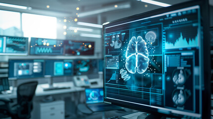 A computer monitor displays a brain scan with a red dot in the middle. The room is filled with computer monitors and a person is sitting in front of one of them. Scene is futuristic and technological