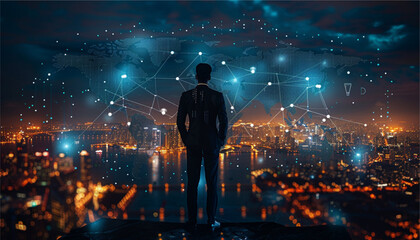 Fototapeta premium Rear view of a businessman looking at large network and city holograms in the air in front of him. Toned image. vector