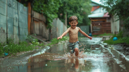 Fototapeta premium Boy joyfully splashing through a puddle on a rainy summer day.