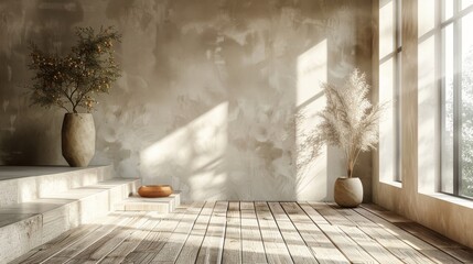 The mock-up shows an empty room with a wooden floor and an empty wall in light white and light beige tones