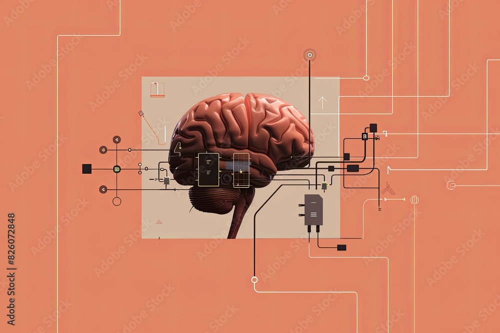 Poster a computer-generated minimalist representation of a human brain showing neural interfaces and connec