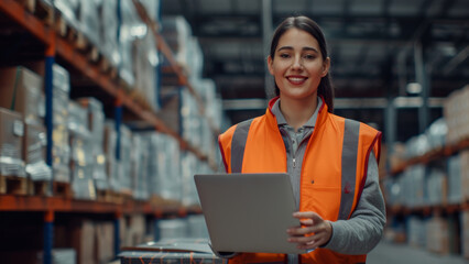 Confident warehouse worker with a digital tablet orchestrating logistics in a vast distribution center.