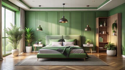 modern minimalistic bedroom interior in green tones