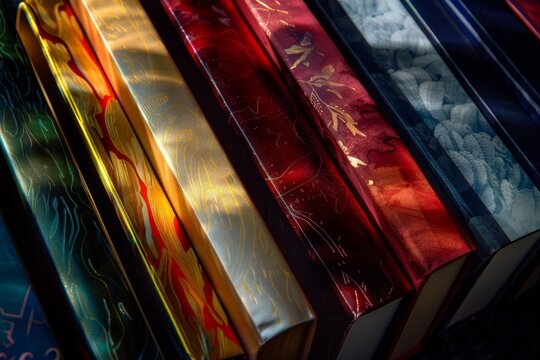 Macro photography of books highlighting the intricate designs and golden accents on their spines