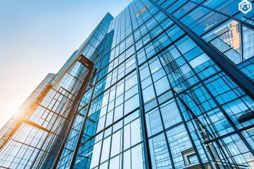 Modern glass skyscrapers in the city, low angle view of office buildings with blue windows against a clear sky background.