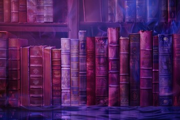An atmospheric image of a bookshelf with vintage books emitting a mystical glow