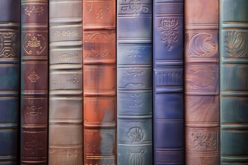 Detailed image showing a row of ornate book spines with rich colors and textures