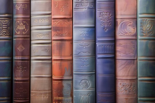 Detailed image showing a row of ornate book spines with rich colors and textures