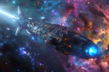 Wide-angle view of a futuristic spaceship exploring distant galaxies