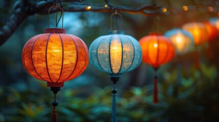vivid lanterns outdoors, vesak day celebration idea with room for text