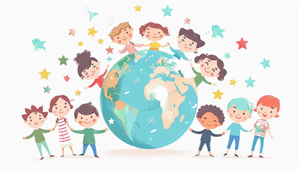 Family holding hands together with earth and heart, paper illustration.. Family and love concept vector