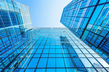 Modern glass skyscrapers in the city, low angle view of office buildings with blue windows against a clear sky background.