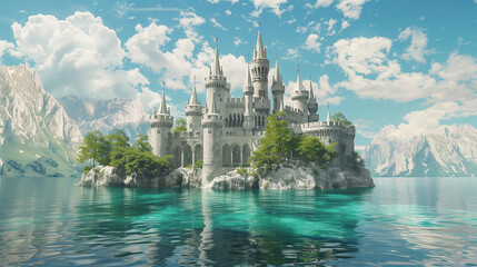 A castle is in the middle of a lake with a bridge connecting it to the shore. The castle is surrounded by trees and rocks, and the water is calm and clear. The scene is peaceful and serene