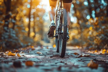 Low angle view of a cyclist's lower body, riding a bike on a path covered with autumn leaves in a forest - Powered by Adobe