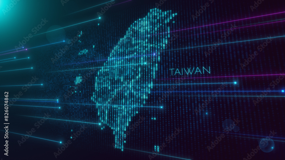 Poster abstract futuristic blue violet shiny perspective square hud particles mosaic grid and text of taiwa