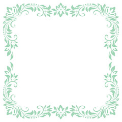 Square vintage frame, border of stylized leaves, flowers and curls in light green lines on white background. Vector backdrop, wallpaper