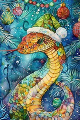 Winter postcard with a green snake in a Santa hat, Christmas tree, watercolor background, and snowflakes.