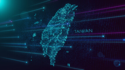 Abstract Futuristic Blue Violet Shiny Perspective Square Hud Particles Mosaic Grid And Text Of Taiwan Region Map With Dotted Lines Light Flare