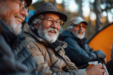 Joyful elderly man with a beard enjoying a laugh with friends in a natural setting