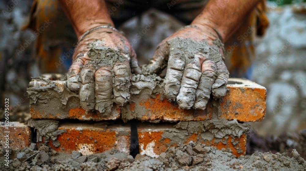 Aufkleber powerful hands gently pressing bricks into place building a solid foundation for a new structure.