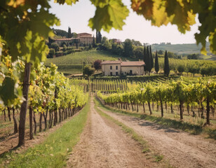 Obraz premium Un sentiero sterrato serpeggia tra i vigneti, invitando a passeggiare e a scoprire i segreti della campagna. 