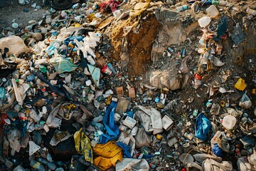 A massive heap of garbage dominates the hilltop, highlighting the issue of global waste accumulation