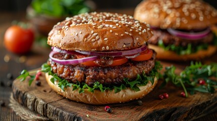 vegetarian burger with plant-based patty and fresh toppings on a rustic table, promoting meat substitutes in fast food