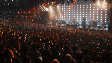 Enthusiastic crowd at a concert, illuminated by stage lights and music fervor.
