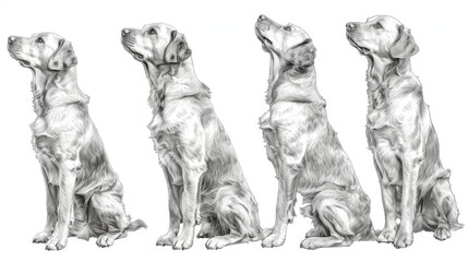 An adult and a childhood labrador dog follows directions from their owner during a magazine design about cynology or pets. Hand drawn.